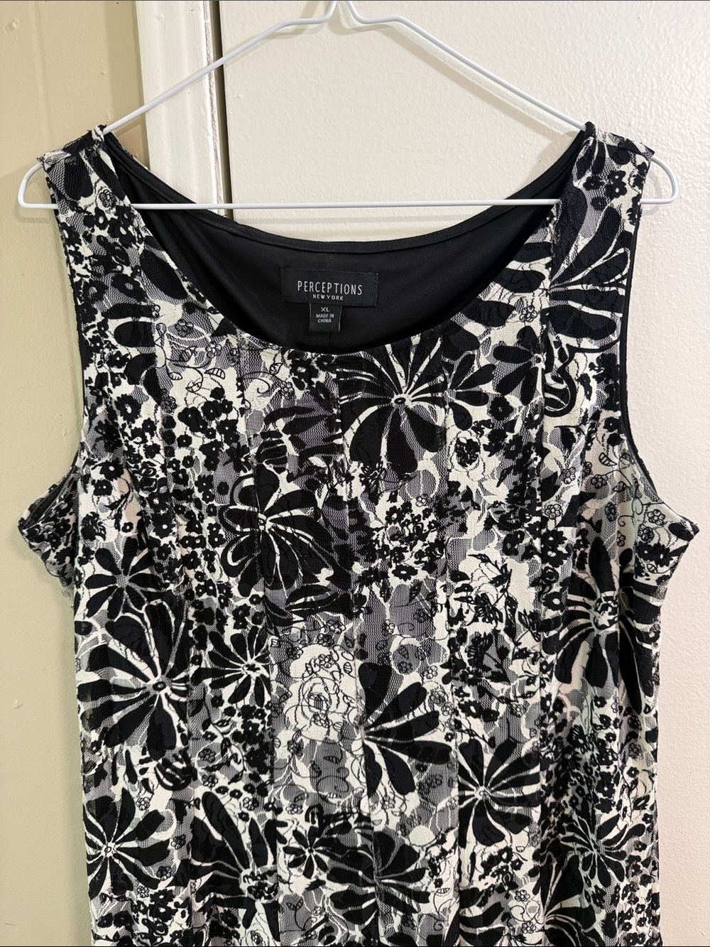 Floral Mesh Overlay A-Line Sleeveless Dress Black White XL Stretch Timeless - Picture 3 of 13